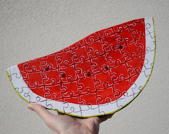 One of a kind wooden watermelon slice shelf decor hand painted: Puzzle lover vegan gift