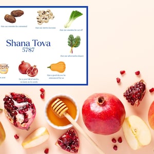 以下が含まれることがあります： Shana Tova 5787のテキストと象徴的な食べ物とその意味のイラストが描かれたロシュ・ハシャナをテーマにしたプリントと、新鮮なザクロ、リンゴのスライス、木製ディッパー付きの蜂蜜のボウルを配置したフラットレイ画像。