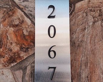 LED Backlit Brushed Silver Address Sign, Modern Outdoor Number Plaque