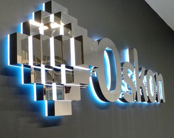 Op maat gemaakt, verlicht logo-bord van roestvrij staal, LED-metalen bedrijfsbord, 3D-kantoorwandbord, verlicht bedrijfslogo, receptiebord voor binnen