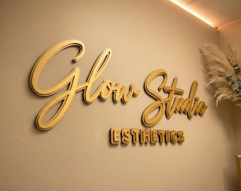 Letreiro metálico com logotipo 3D dourado, letra comercial, decoração de hall de entrada, sinalização metálica para escritório.