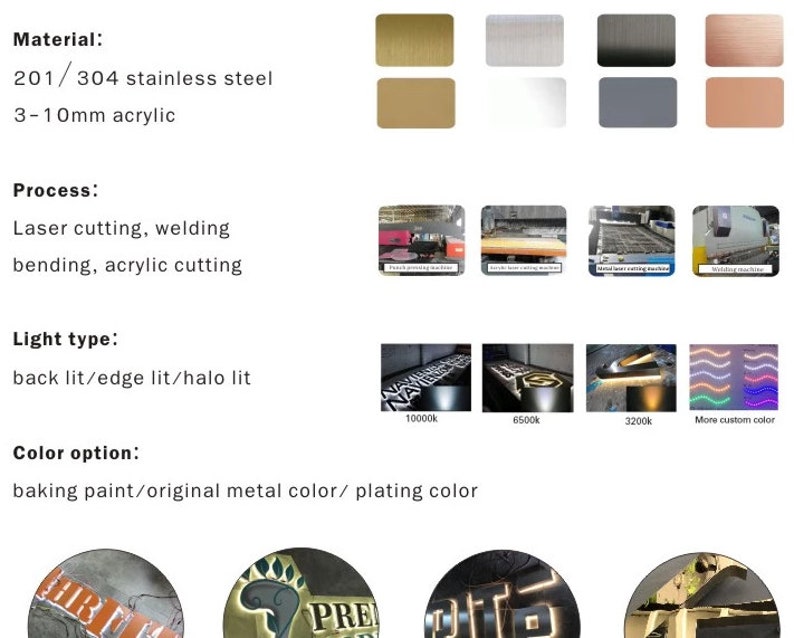 May include: A variety of materials and processes are used to create custom signs.  The materials include stainless steel and acrylic.  The processes include laser cutting, welding, bending, and acrylic cutting.  The signs can be back lit, edge lit, or halo lit.  The color options include baking paint, original metal color, and plating color.