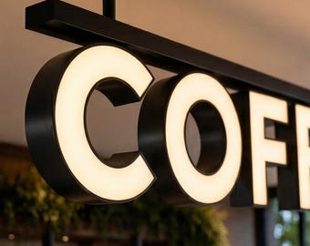 Custom Ceiling Mounted Raceway Sign | Front Lit 3D Channel Letters | Indoor & Outdoor Illuminated Business Sig, Coffee Sign