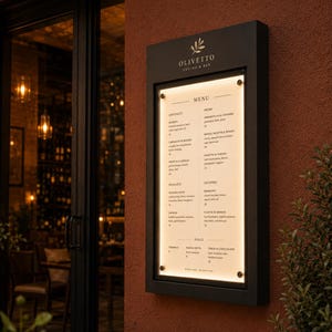 May include: A rectangular, wall-mounted, illuminated menu display for Olivetto Cucina & Bar. The black frame holds a backlit white panel featuring a list of food items categorized into antipasti, primi, secondi, and dolci, with clear black text.