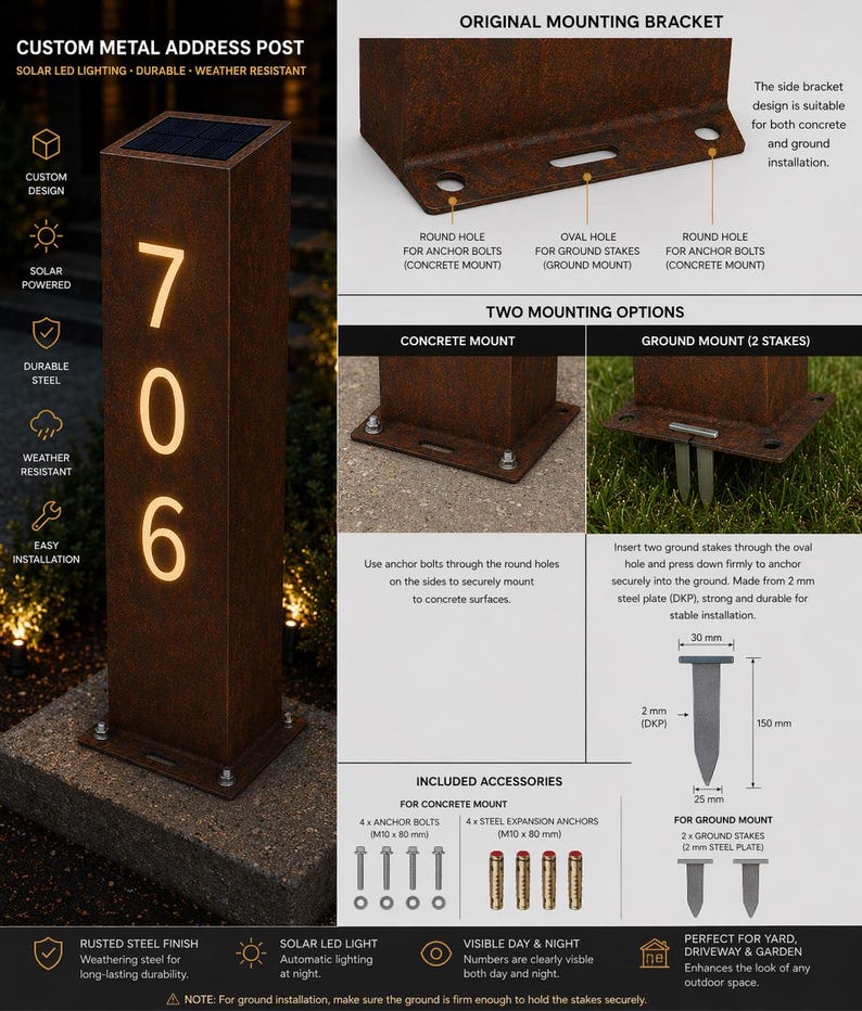 Metal Address Post, Yard Address Sign, Rusted Custom House Numbers ...