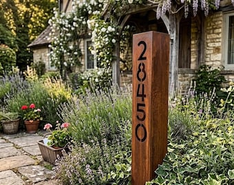 Metal Address Post, Yard Address Sign, Rusted Custom House Numbers, Solar LED Plaque