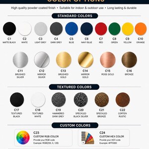 May include: Metal logo sign color options chart. Features a variety of standard, textured, and custom colors. Includes matte black, white, blue, red, and yellow. Also shows brushed silver, mirror gold, and rose gold. Instructions on how to order are included.