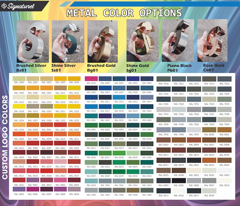 Puede incluir: Una pantalla de Signaturel que muestra opciones de color met&aacute;lico para letras, incluyendo Brushed Silver, Shine Silver, Brushed Gold, Shine Gold, Piano Black y Rose Gold. Debajo, una cuadr&iacute;cula de colores de logotipo personalizados con c&oacute;digos RAL.