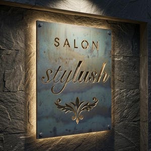May include: A weathered metal sign for a salon, mounted on a dark stone wall. The sign reads "SALON stylish" in gold lettering, with an ornate flourish at the bottom. The sign is illuminated by a warm light.