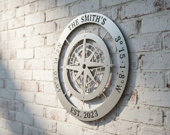 Insegna con bussola in metallo personalizzata, regalo per la nuova casa, regalo per l'anniversario di matrimonio per coppia, insegna con mappa delle coordinate, decorazione per casa sulla spiaggia, arte murale nautica
