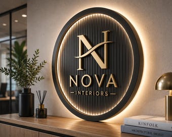 Op maat gemaakt houten latten bedrijfslogo bord, rond, met achtergrondverlichting en LED-decoratie voor de receptie.