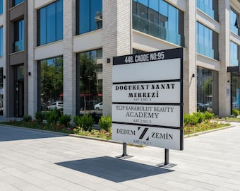 Cartello monumentale personalizzato in alluminio, segnaletica bidirezionale per esterni, ingresso moderno dell'edificio