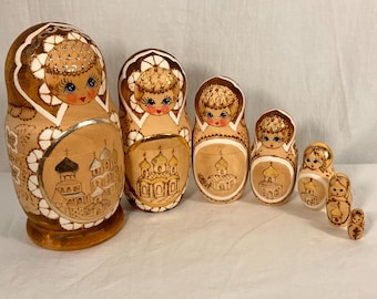 Wooden Matryoshka Nesting Dolls Traditional Russian Folk Art Decoration Wood Burned Orthodox Church Designs