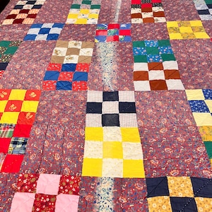 Vintage Hand Quilted Patchwork Quilt Nine Patch Calico Cotton Fabrics