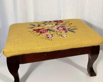 Vintage Antique Needlepoint Footstool, Floral Upholstered Mustard Yellow,!Dark Wood Queen Anne Legs
