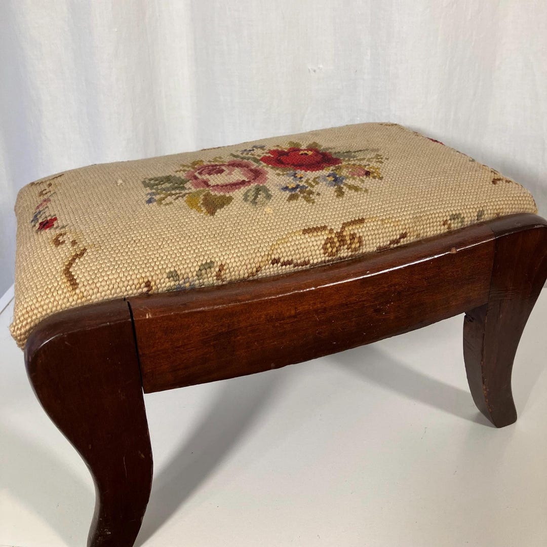Vintage Antique Floral Needlepoint Footstool With Walnut Wood Cabriole ...
