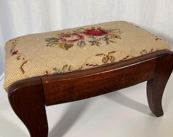 Vintage Antique Floral Needlepoint Footstool with Walnut Wood Cabriole Legs, Cottage Style Ottoman,  Hand-Stitched Upholstery