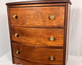 Vintage Solid Wood 3-Drawer Jewelry Chest, Curved Front Dresser Box