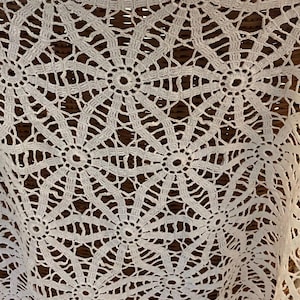 May include: Close-up of a white, crocheted textile with a repeating floral pattern. The design features circular motifs connected by an open, web-like structure. The texture is intricate, with visible stitches and a delicate appearance. The background is a dark brown color.