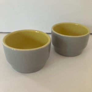 May include: Two small, gray ceramic bowls with a yellow interior. The bowls have a rounded shape with a slightly flared rim. The exterior is a matte gray, and the interior is a bright yellow. The bowls are likely for serving dips or small portions.