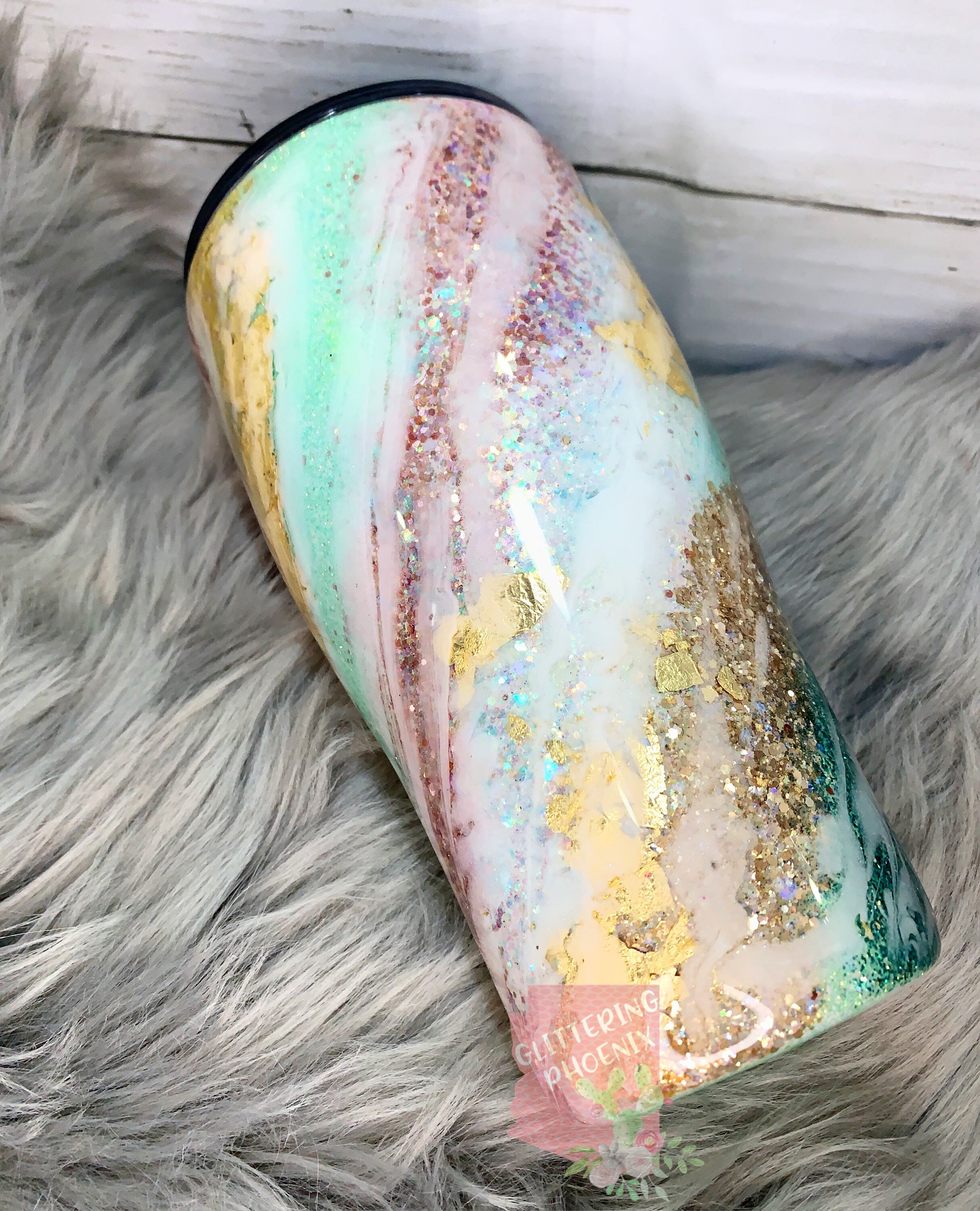 Teal and Rose Gold Marble Glitter Tumbler - Custom Glitter Tumbler - …