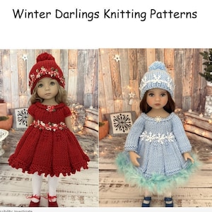 May include: Two dolls wearing knitted dresses and hats. One doll is in a red dress and hat with floral accents. The other doll is in a light blue dress and hat with snowflake designs. The text "Winter Darlings Knitting Patterns" is at the top.