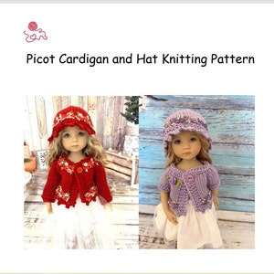May include: Two dolls wearing knitted outfits. One doll is in a red cardigan and hat with floral embroidery, the other in a lavender cardigan and hat. The text reads "Picot Cardigan and Hat Knitting Pattern".