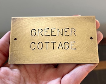 Brass Nameplate: Hand-stamped door Plaque, Aged Finish (9.5x5.5cm)