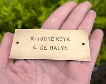 Brass Nameplate: Hand Stamped, Vintage-Aged Look, holes for mounting (8x3.5cm)