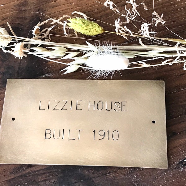 Aged Brass House Sign, 14x7 cm Large Door Nameplate, Bereavement Plaque, Hand Stamped Keepsake for Wedding, 2 holes Vintage look 1.5mm thick