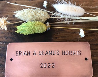 Copper Nameplate: Aged finish, hand-stamped, rounded corners (8x3.5 cm)