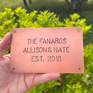 Aged Copper House Sign, Memorial Plaque, Business Hand Stamped Custom Personalized Metal Nameplate 4 holes, 13x8cm, 6mm - 10mm Arial font