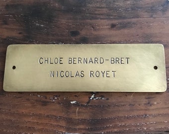 Brass Nameplate, House Plaque Gift, Personalized Hand Stamped Brushed Metal Vintage Vibe, 11.5x3.5 cm, 4 or 6 mm Font, holes, rounded