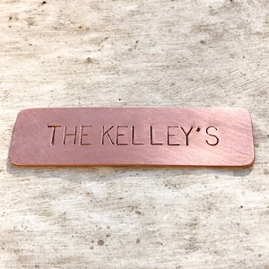 Small Copper Doorbell Tag, Photo album Nameplate, Rounded Corners, Personalized Metal Plate Hand Stamped, 7x2 cm, 6mm font Arial Uppercase