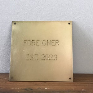 Square Brass Sign, 11 x 11 cm (4.3x4.3 inches) Metal Business Nameplate 1.5 mm thick Hand Stamped with your text, 4 holes, Less Aged Finish