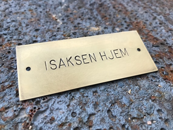Brass Door Plaque, Personalized Mailbox Nameplate with vintage style aged finish, 2 holes, Hand Stamped, 8.5x3cm, 4 or 6mm font, 1.5mm thick
