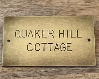Aged Brass Nameplate: Hand-stamped door Plaque with 2 holes, Rustic Vintage Patina (9.5x5.5cm)