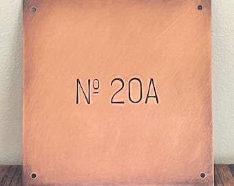 Custom Copper Sign, Aged house Plaque, Square Hand Stamped Nameplate, 4 holes 4.75x4.75 inches