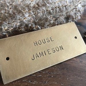 Brass Nameplate Old World Style Personalized Door or Furniture Sign, Hand Stamped Metal Plaque with holes 8 x 3.5 cm  / 3 x 1.4 in, 4mm font