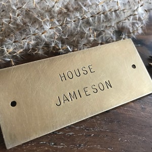 Brass Nameplate Old World Style Personalized Door or Furniture Sign, Hand Stamped Metal Plaque with holes 8 x 3.5 cm / 3 x 1.4 in, 4mm font image 1