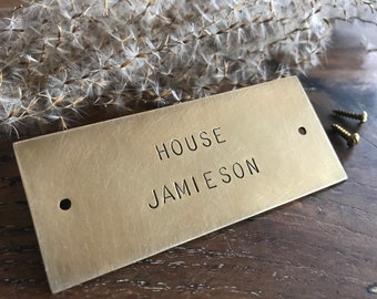 Brass Nameplate Old World Style Personalized Door or Furniture Sign, Hand Stamped Metal Plaque with holes 8 x 3.5 cm  / 3 x 1.4 in, 4mm font