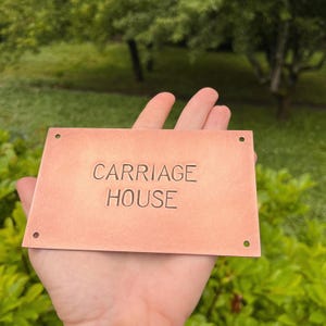 Copper House Sign Housewarming Gift, Vacation Home Door Plaque, Hand Stamped, Vintage Style Patina Finish, 4 holes & screw, 13x8 cm