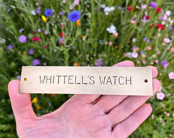 Hand Stamped Brass Nameplate, House Sign, Home Gift, Aged Door Plaque, 2 holes, Mailbox Address, 1 line, 14x3 cm, 8 or 6mm font, 1.5mm thick