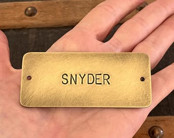 Stamped Brass Nameplate: Aged Finish, 6mm Arial Font, 7.8x3.2cm