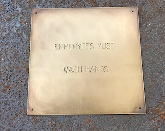 Square Brass Sign: Custom nameplate with hand stamped text and aged finish (19.5x19.5 cm)