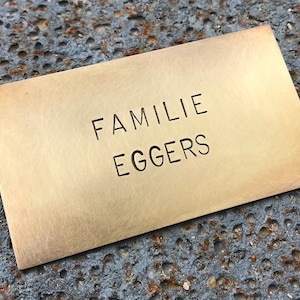 Personalized Aged Brass Nameplate, 9.5 x 5.5 cm, Door Plaque 1.5mm thick, Vintage style, Hand Stamped Arial uppercase 6 or 8 mm font
