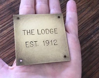 Small Brass Nameplate: Aged Metal Sign hand-stamped in 6mm Arial font, 4 holes (6cm by 6cm square)
