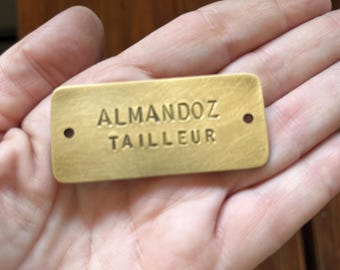 Hand Stamped Brass Nameplate: Handmade Metal Plaque, rounded corners, 2 holes (5.5 x 2.4 cm)