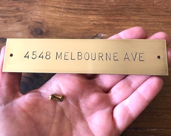 Long Brass Stamped Brushed Metal Door House or Office Sign, Address Plaque, 2 holes, 12.5 x 3 to 13.5 x 3 cm, 6 or 8 mm Uppercase Arial Font