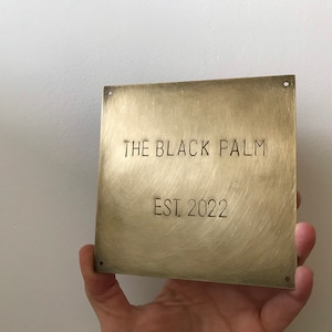 Custom Brass Sign Square 12x12cm Aged Memorial Plaque 1.5 mm thick, Hand Stamped Personalized Nameplate House Gift, 4 holes 4.75x4.75 inches